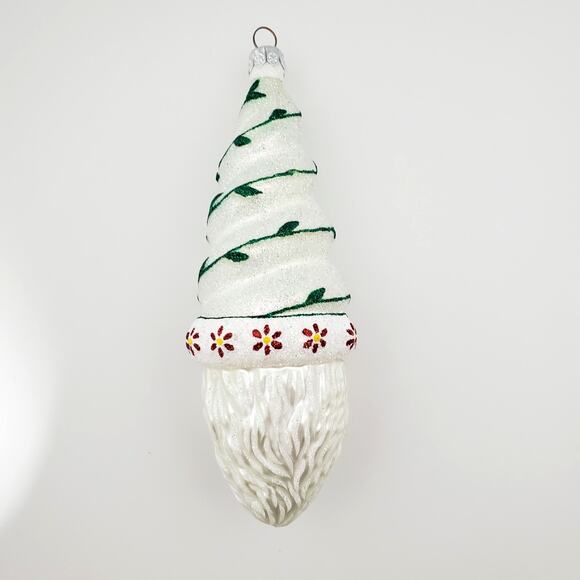 Glass Santa Ornament White w/Green Vine Red Yellow Flowers Winter - Picture 6 of 16